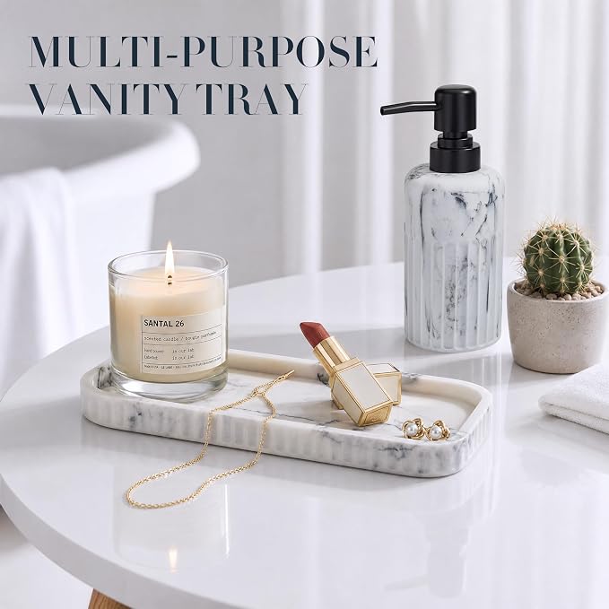 INIUNIK Bathroom Accessory Set, 6 Pieces, Marble White | Resin, Bathroom Accessories Set, with Soap Dispenser Set, Toothbrush Holders, Tumbler, Vanity Tray & 2 Qtip Holder