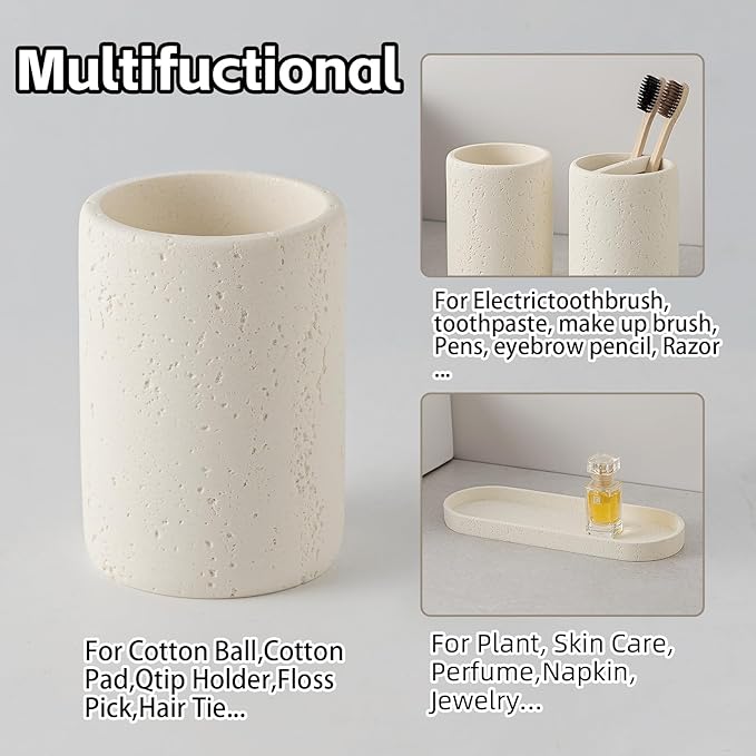 Bathroom Accessories Set,4 PCS Travertine Stone Look Collection,Cream | Modern Bath Organizer with 13.53 OZ Soap Dispenser, Toothbrush Holder, Tumbler, Vanity Tray for Countertop Kitchen Sink
