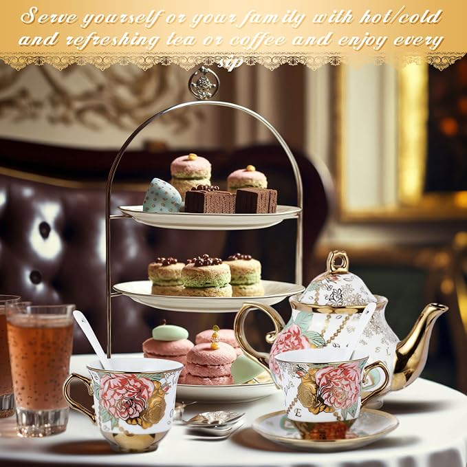 Zhehao 20 Pcs Porcelain Tea Set with Metal Holder and Spoon Adult Ceramic Tea Set European Flower Painting Teapot Cup Saucer Spoon for Women Mom Gift, Large Version (Bright Style)