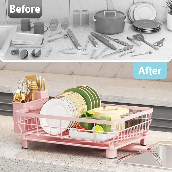 Dish Drying Rack for Kitchen Counter,12.8" W x 16.9" L,Pink | Space Saving Dish Rack, Self-Draining Drainboard, Rustproof Dish Drainer, Removable Utensil Holder