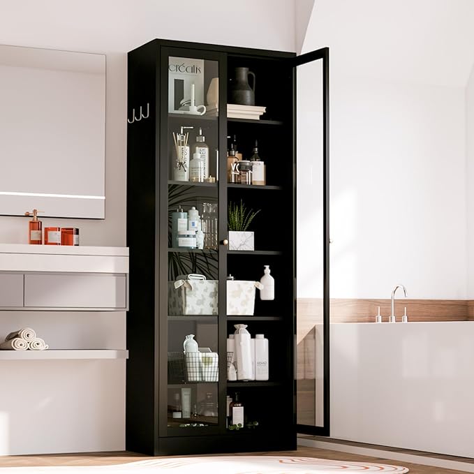 AQY Kitchen Pantry Cabinet,Black 73" Tall Pantry Storage Cabinet with Doors and Adjustable Shelves, Metal Food Pantry Cabinets with Handle, Freestanding Cupboard for Living Room-Assemble Required