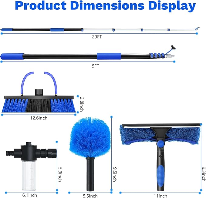 20FT Complete Solar Panel Cleaning Kit with Extension Pole 5-20FT, Water Fed Pole Kit with Cleaner Solution Dispenser for Window Glass, Boats,RV, Decks, Bathrooms & House Siding