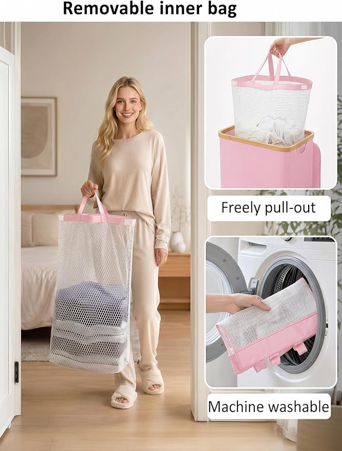 iEGrow Laundry Hamper with Lid, 110L Large Laundry Basket with Handle and Lid, Collapsible Clothes Basket Organizer with Removable Inner Bag for Clothes Towels,Pink
