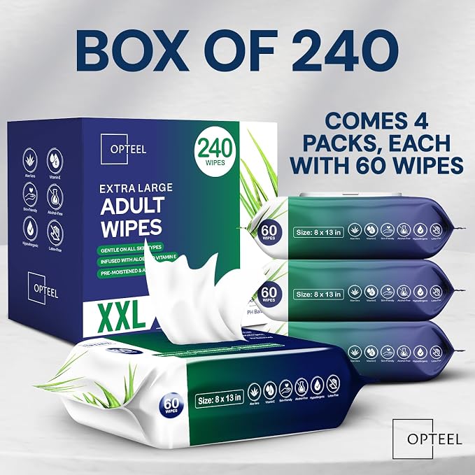 OPTEEL Adult Wipes For Elderly - 8"x13" Extra Large & Soft Wet Wipes for Adults Bathing - Incontinence Disposable Washcloths, Vitamin E & Aloe Infused for Men & Women 240ct (4 Packs of 60)