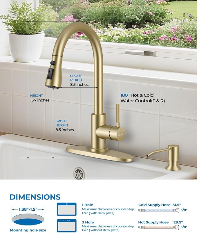 WEWE Kitchen Faucet with Soap Dispenser and Pull Down Sprayer, RV Single Handle Classic 3 Modes Stainless Steel Faucet for Kitchen Sink, RV, Gold