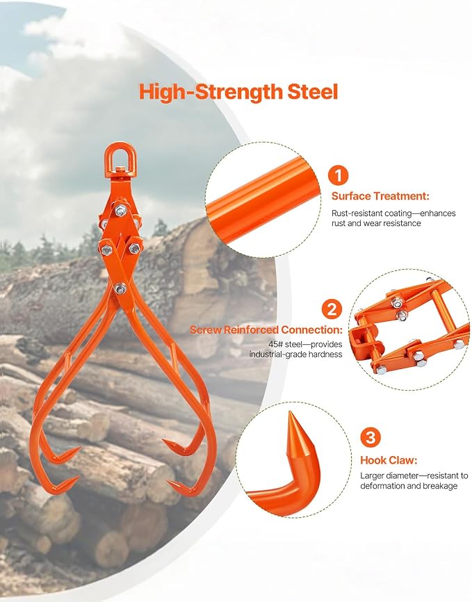 VEVOR Timber Claw Hook, 28 inch 4 Claw Log Grapple Logging Tongs, Swivel Steel Log Lifting Tongs 31" Max Opening, Eagle Claws with 2205LBS/1000kg Loading Capacity for Tractors, ATVs, Trucks, Forklifts