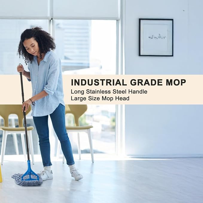 Commercial Industrial Mop with 3 Extra Large Reusable Replacement Head,59" Long Handle Heavy Duty Wet Mops,Looped-End String Cotton Mop for Floor Cleaning,House,Kitchen,Office,Garage,Tile(Blue)