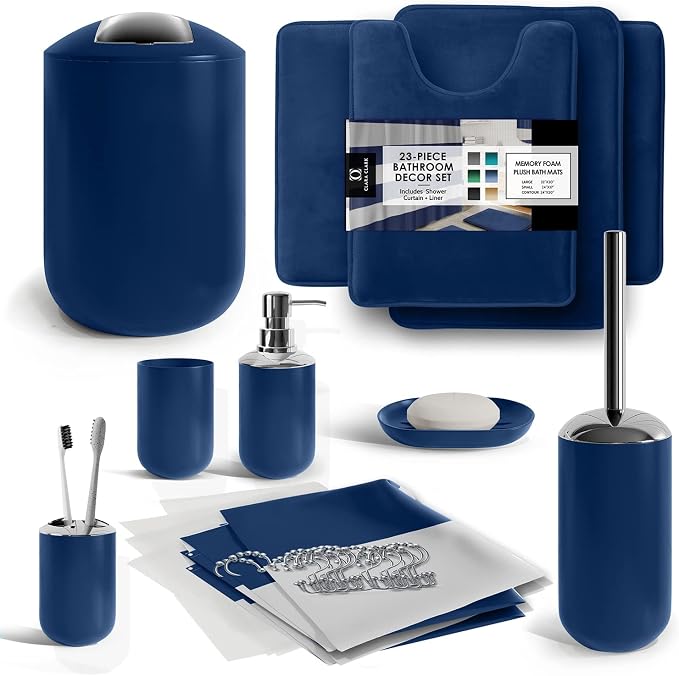 Clara Clark Bathroom Set - Navy Bathroom Accessories Set, Bathroom Sets with Shower Curtain and Rugs, 23PC Shower Curtain Set with Liner, Soap Dispenser, Soap Dish, Toilet Brush Holder, and Trash Can