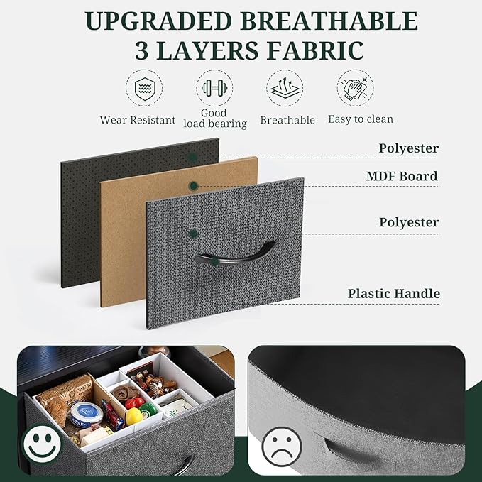 7-Drawer Dresser for Bedroom, Anti-Tip Wide Storage Organizer Fabric Chest of Drawers TV Stand for 45" TV with Wooden Top and Metal Frame for Closet, Living Room, Hallway, Entryway, Gray