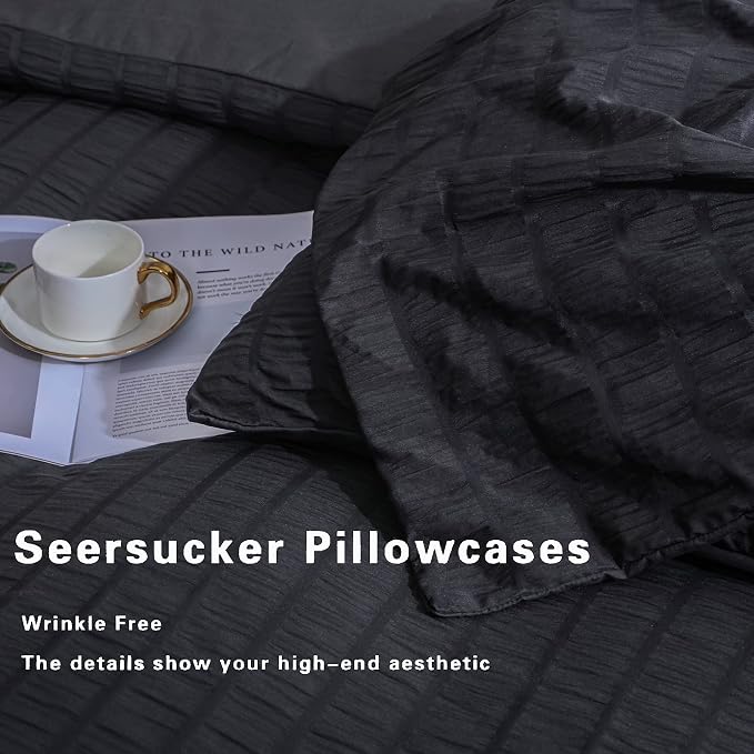 AveLom Seersucker Duvet Cover Set King Size (104 x 90 inches), 3 Pieces (1 Duvet Cover + 2 Pillow Cases), Black Ultra Soft Washed Microfiber, Textured Duvet Cover with Zipper Closure, Corner Ties