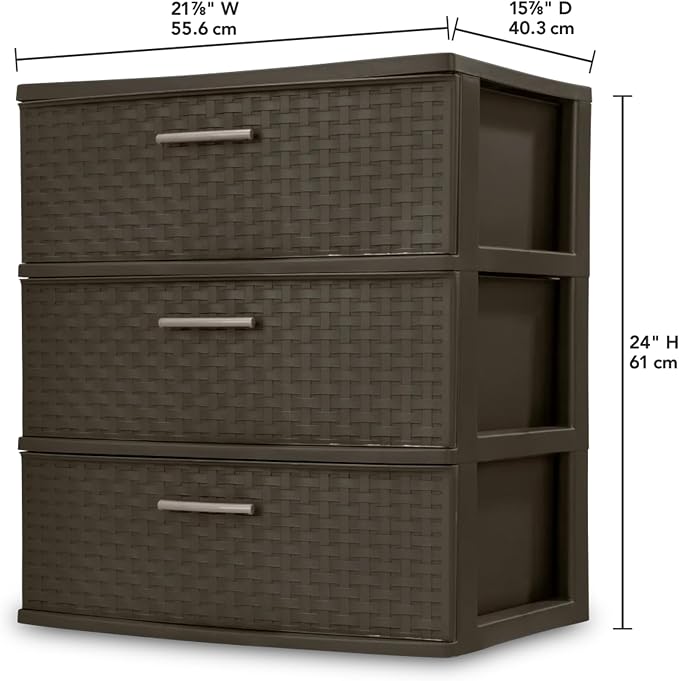 Sterilite 2 Pack 3 Drawer Wide Storage Tower, Weave Organizer, Espresso | Lightweight Opaque Home Organization Container for Bedrooms, Closets, or Bathrooms