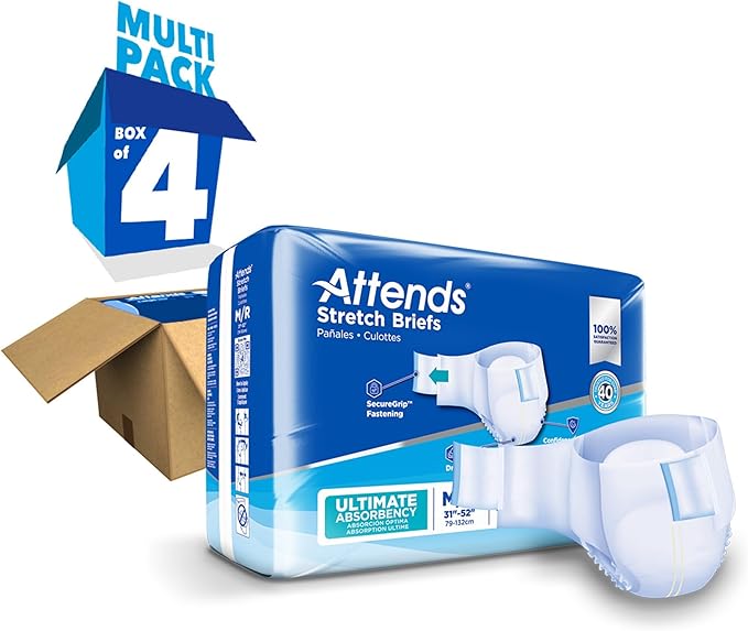 Attends Stretch Adult Incontinence Disposable Briefs, Medium/Regular 31"-52" Waist with SecureGrip Tab Closure, Ultimate Absorbency with Dry-Lock Containment Core and Breathable Side Panels, 96ct Case