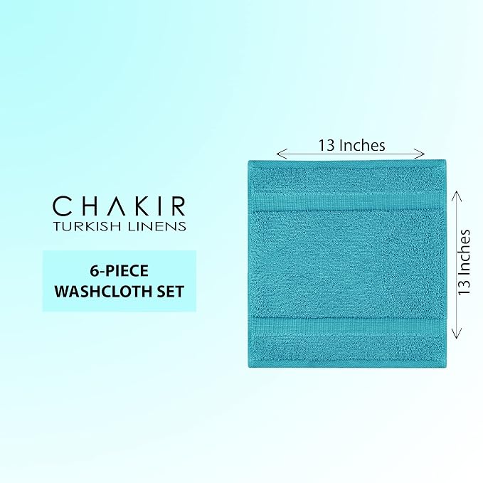 Chakir Turkish Linens 6 Piece Washcloth Set, 100% Cotton Turkish Washcloths for Bathroom, Luxury Soft Absorbent Face Towels, 13 x 13 Inches, Aqua