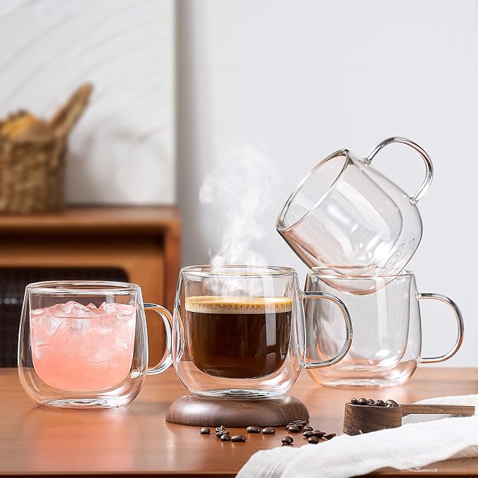 4 Pack Double Walled Glass Coffee Mugs, 16 oz Large Insulated Clear Coffee Cups with Handle, Cappuccino Mug for Espresso, Latte, Americano, Tea Bag, Beverage, Heat & Cold Resistant