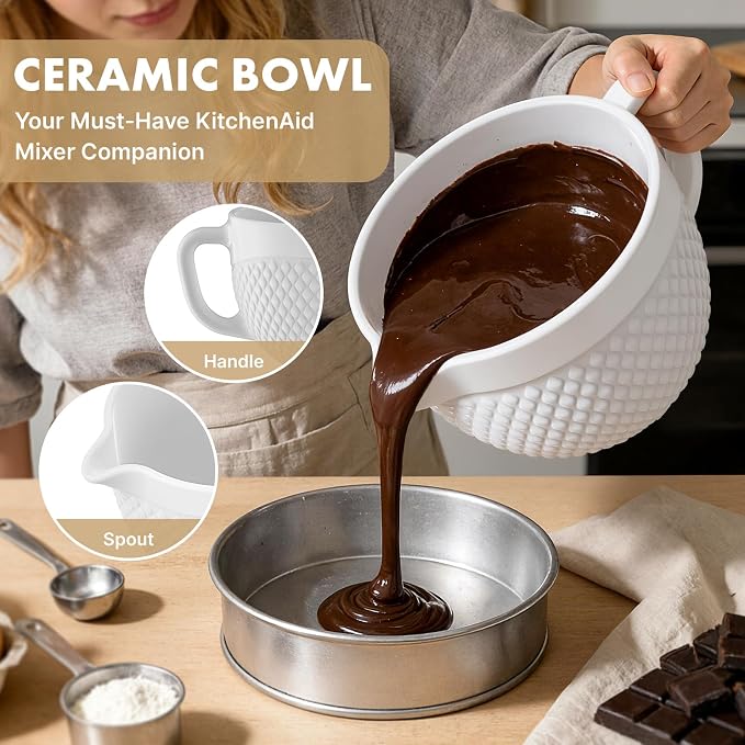 HOZODO Ceramic Mixer Bowl for KitchenAid Tilt-Head Stand Mixers, 5-Qt | Fits All 4.5-5-Qt Mixers, Mixing Bowl with Handle, Kitchen Aid Accessories and Attachments