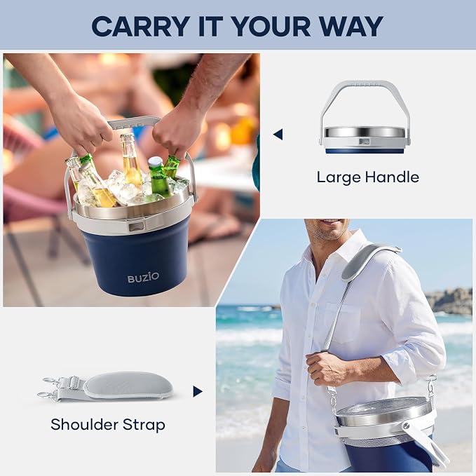 BUZIO 7 L Double Wall Ice Bucket for Parties with Lid and Scoop & Tongs | Insulated Vacuum Stainless Steel Ice Buckets with Handle and Adjustable Shoulder Strap, Fits 6 Longnecks or 3 Wine Bottles