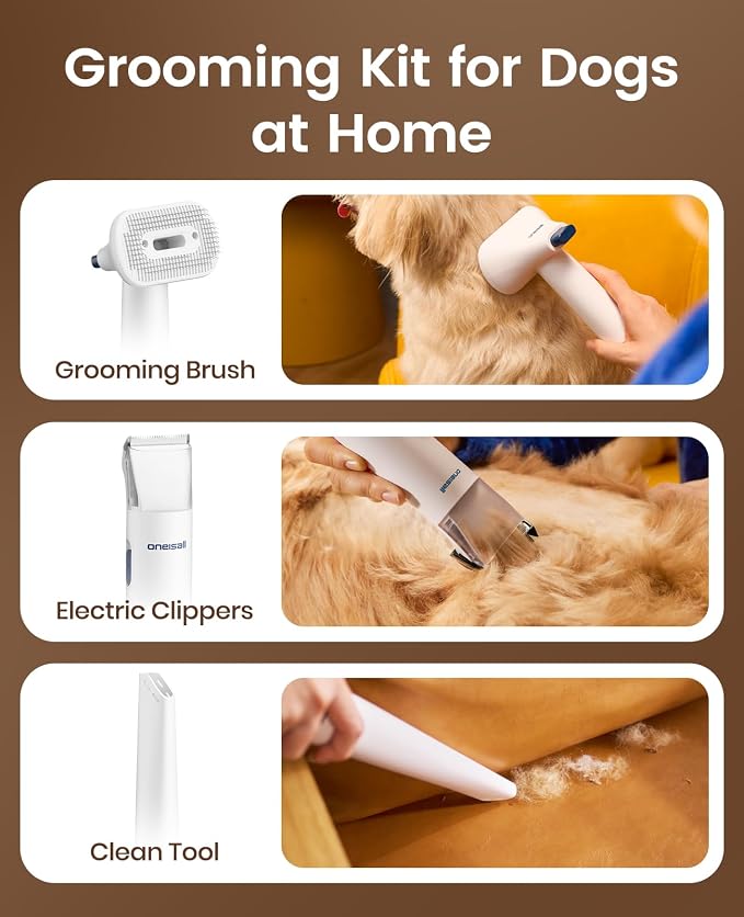 oneisall Dog Grooming Vacuum - 15000Pa Suction, Captures 99% Pet Hair to Reduce Shedding, Dog Grooming Clippers & Quiet Brush (≤59dB) with 4 Accessories, 2L Dust Canister for Home Cleaning