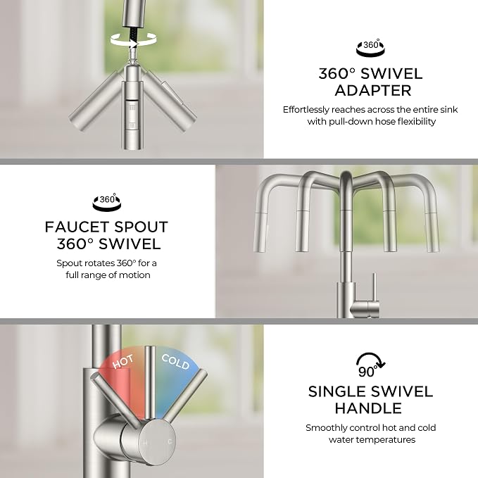 FORIOUS Kitchen Faucet with Pull Down Sprayer, Brushed Nickel Single Handle U-Spout Stainless Steel Kitchen Sink Faucet, 1 or 3 Hole Deck Mount for RV, Bar, Farmhouse, Laundry, Outdoor