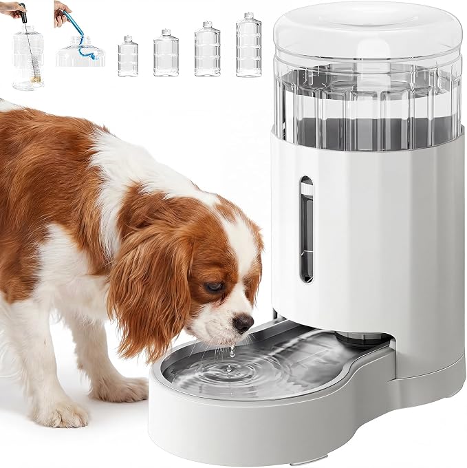 CZPET Dog Water Bowl Dispenser 7L, Wider Mouth Gravity Refilling (White) | With Stainless Steel Bowl Gravity Waterer, Large Capacity and Drinking Area Noise-Free for Pets