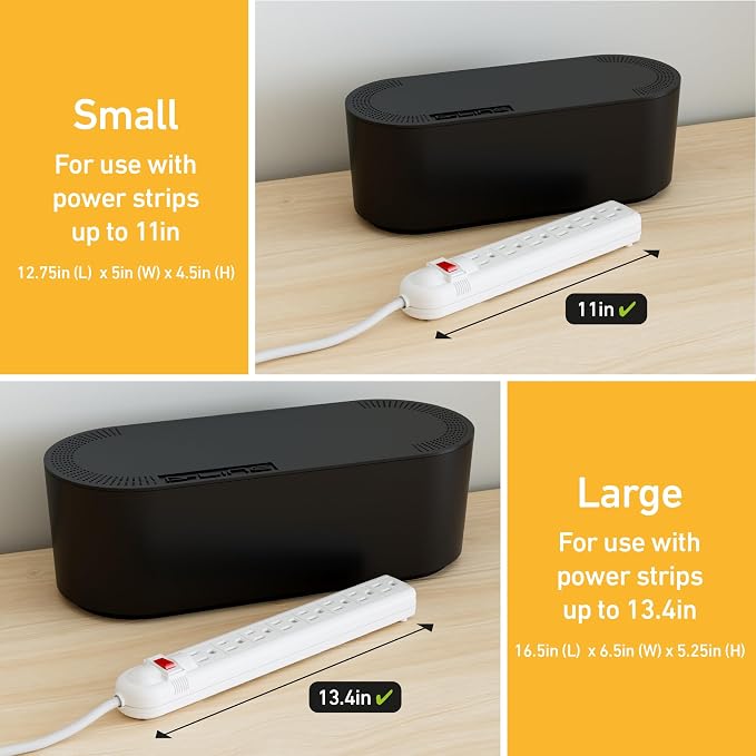 D-Line Cable Management Box with 6 AC Outlet 6ft Power Strip, Hide Extension Cords and Excess Wire Clutter, 12.75in (L) x 5in (H) x 4.5in (W) - Small, Black