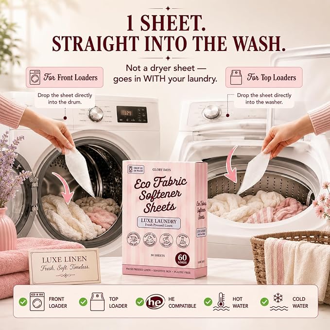 Glory Days Fabric Softener Sheets for Washer - Fresh Linen Scent, Replaces Liquid Softener, Plant-Based, Plastic-Free, Eco Friendly, 60 Loads