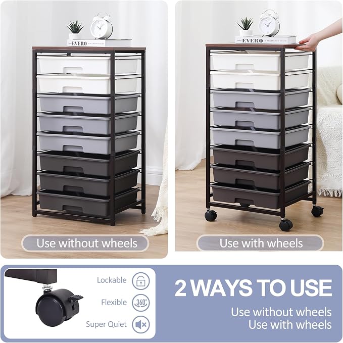 SYKIARIOL Rolling Cart with Drawers,Utility Cart With 8 Drawers and Wooden Tabletop for Living Room,Classroom,Bedroom,Bathroom,Dorm,Office,Dark Grey