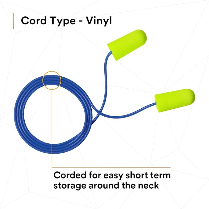 3M Ear Plugs, E-A-Rsoft Yellow Neons 311-1251, 200 Pair of Disposable Earplugs, Pairs Individually Wrapped, Slightly Longer, Corded, 33 NRR, Tapered Cylinder Shape, Slow Recovery Foam