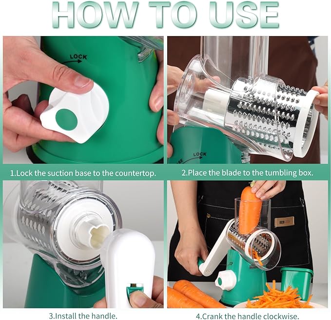 Cambom Rotary Cheese Grater Hand Crank Cheese Shredder for Fresh Cheese, Vegetable, Nuts,Non-slip Suction Base, Three Blades, Dark Green