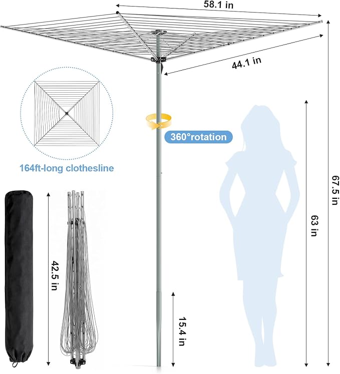 164Ft Outdoor Umbrella Clothes Drying Rack, 67.52" H | Collapsible 4-Arm Rotary Clothesline For Lawn, Garden & Backyard, Metal Frame For Outdoor Natural Laundry Drying