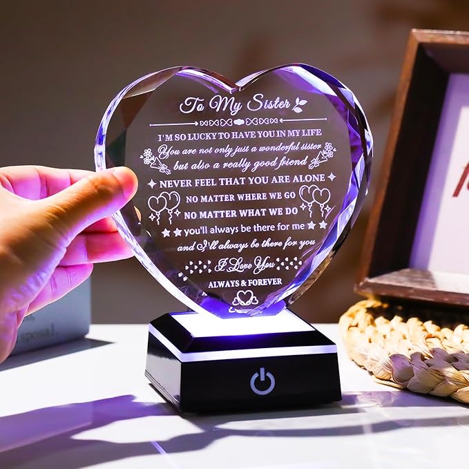Arikyrist Sister Gifts from Sister Brother with Colorful LED Base Birthday Gifts Idea for Sisters Crystal Heart Keepsake Sisters Gift for Women for Christmas Mother's Day Valentines