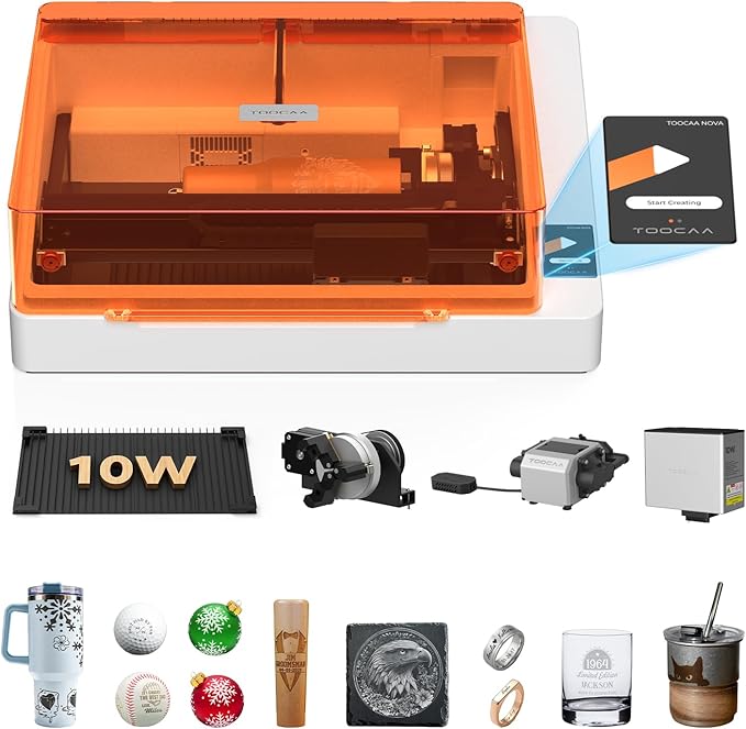 TOOCAA NOVA 10W Smart AI Laser Engraver & Cutter, Fully Enclosed Class 1 Safety, 5MP AI Positioning Camera & Auto Focus, 360° Rotary & Air Assist, Dual-Channel Exhaust for Cleaner Cuts & Less Smoke