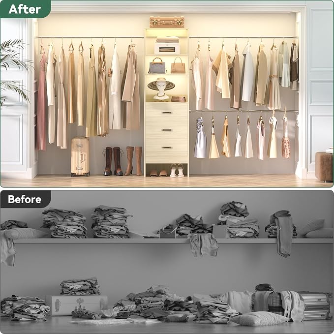 Besiost 96'' Closet Organizer System with 3 Hanging Rods, 8FT Closet Organizers and Storage with 3 Wooden Drawers, Built in Closet Organizer Systems, Adjustable Walk-in Wardrobe from 2-8FT, White Oak
