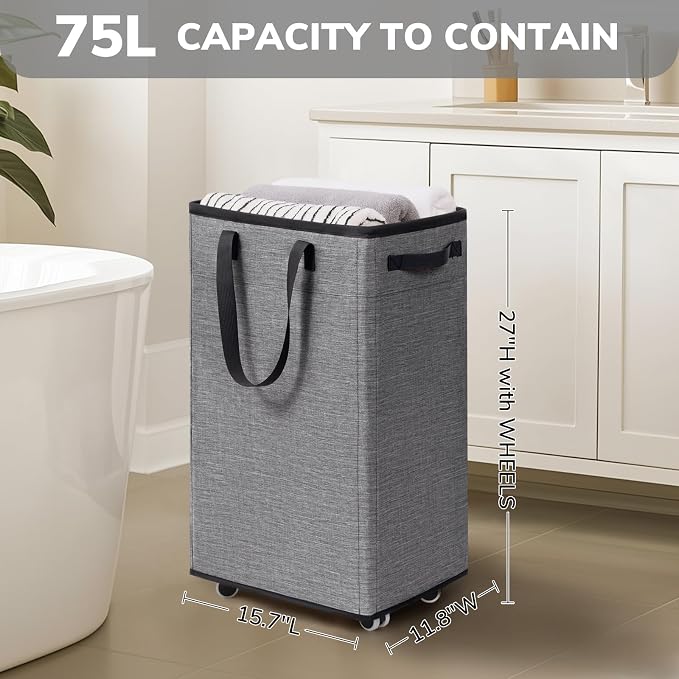 Goodpick 75L Rolling Laundry Basket, Large Laundry Hamper with Handles and Removable Wash Bag, Space Saving for Laundry Room, Light Grey