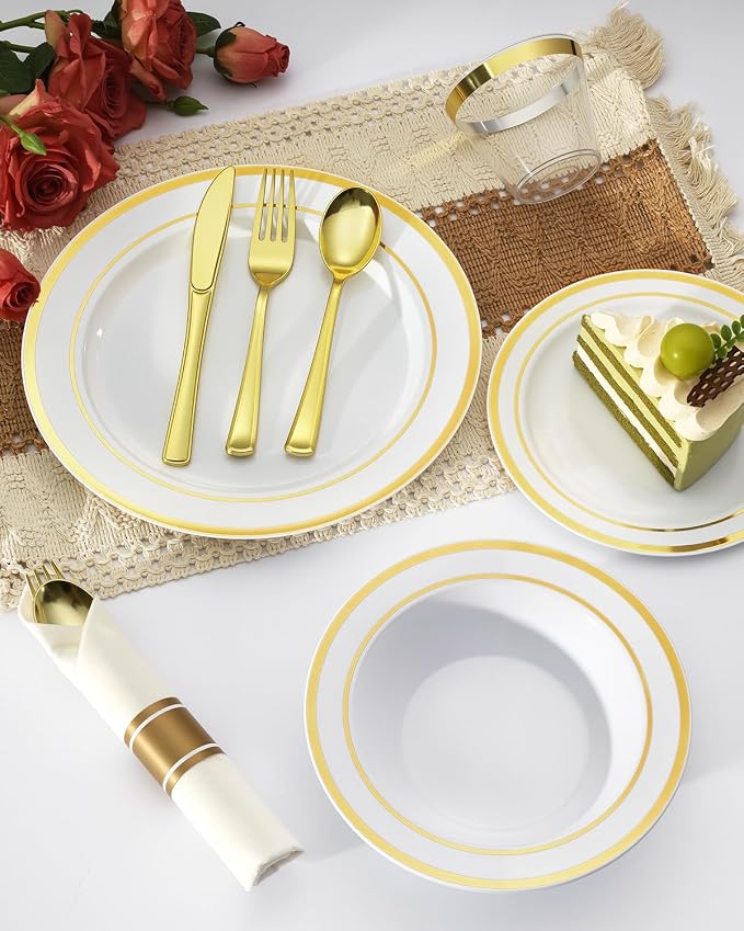 BESTVIP 400PCS Gold Plastic Dinnerware Set, Disposable Party Supplies for 50 Guests - Include 100 Plates, 50 Leak-Proof Soup Bowls, 50 Pre Rolled Napkins with Gold Silverware, 50 Cups