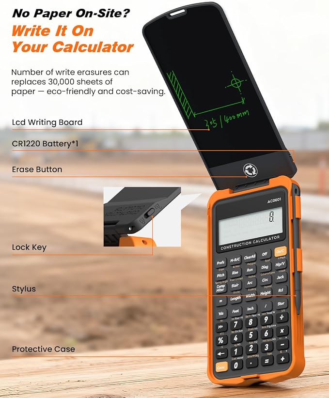 Construction Calculator with Writing Tablet Industrial & Scientific ROATEE Engineering Calculator for Contractor, Concrete Pocket Feet-inch-Fraction Calculators for Carpenter, Framer, Remodeler