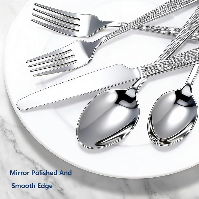 Yoehka 60-Piece Hammered Silverware Set for 12, Stainless Steel Flatware Set with Tree Pattern Handles, Mirror Polished Cutlery/Utensils Set for Home, Restaurant, Hotel, Dishwasher safe