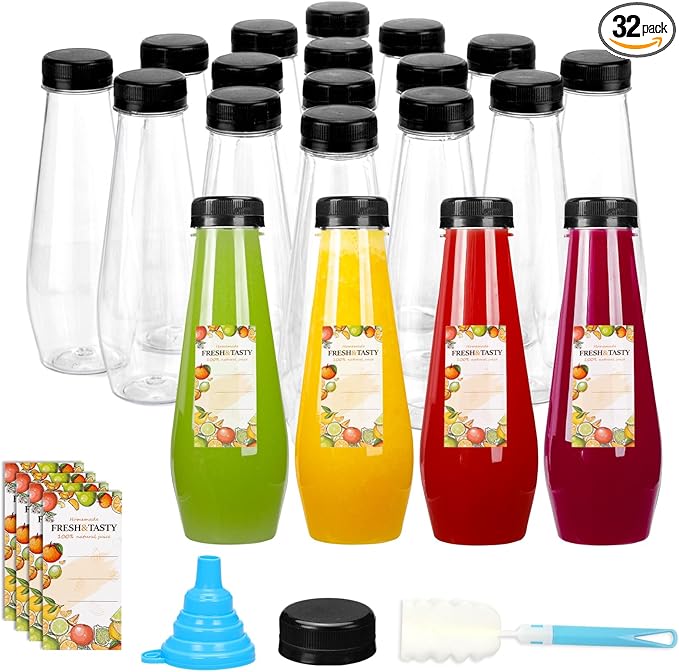 TOMNK 32pcs 12oz Juice Bottles, Empty Plastic Juicing Bottles with Caps, Cone Reusable Bottles Clear Bulk Beverage Containers for Juicing, Drinking, Milkshake, Tea and Other Beverages