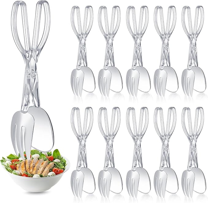 Tioncy 12 Pack Plastic Salad Scissor Tongs 11.5 Inches for Serving Reusable Food Tongs, Clear Utensils for Chef Cooking, Kitchen, Buffet, Party, Catering Supplies