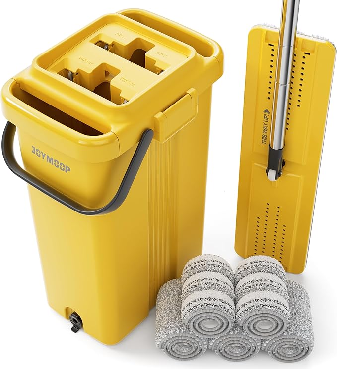 JOYMOOP Industrial Mop and Bucket Set, 17.7-inch Dust Mops for Floor Cleaning, Flat Mop Bucket with Wringer, Include 5 Reusable Microfiber Mop Pads - Yellow