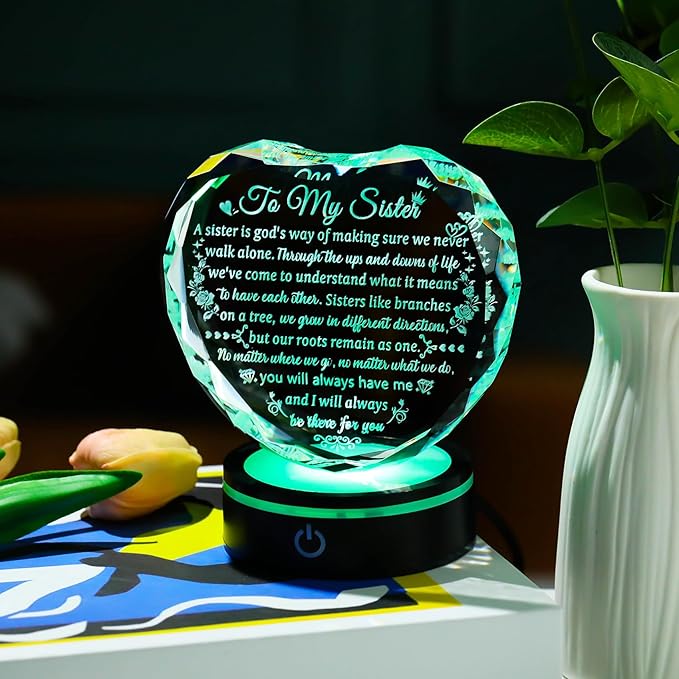 Arikyrist Sister Gift from Sister Brother on Birthday with Colorful LED Base, Crystal Heart Keepsake for Sisters Women - Mother's Day Valentine Gift Idea for Her