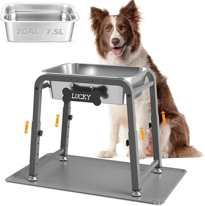 2 Gallon Elevated Large Dog Water Bowl with Mat, 4 Height Adjustable 10.4-15.2", Raised Dog Water Bowl Stand for Large Breed