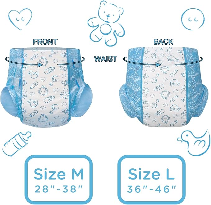 Littleforbig Adult Printed Diaper 10 Pieces - Nursery Blue (Medium 28"-38")