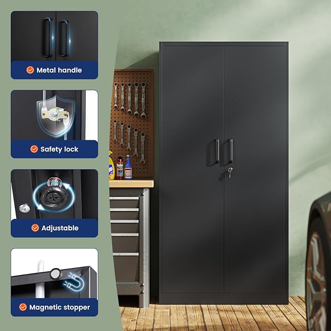 Metal Storage Cabinet with Lock - 72" Garage Storage Cabinet with 2 Locking Doors and 5 Adjustable Shelves, Black Steel Lockable for Office,Home,Garage