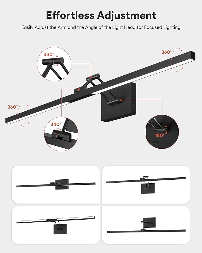 VONLUCE 36" LED Bathroom Vanity Light, 3CCT Modern LED Vanity Lights with 360° Rotatable Head & Swing Arm, 15.4W Bathroom Light Fixture Over Mirror, LED Lights for Bathroom Bedroom, Matte Black