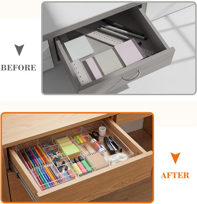 Briwooody 1 Pcs Acrylic Desk Drawer Organizer 9'' up to 16'' x 12'' x 2.2'' Expandable Drawer Organizer Trays with 10 Adjustable Compartments Clear Desk Accessories for Makeup Office Bathroom