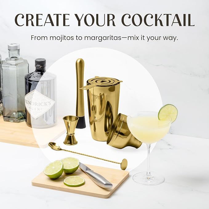 Mixology & Craft Cocktail Shaker Set with Bamboo Stand - Professional 10-Piece Bartender Kit, Complete Bar Set for Home Use with Jigger, Muddler, Strainer, Spoon, Pourers & Corkscrew (Gold)