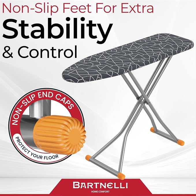 Bartnelli Compact Ironing Board, 13x43 Space-Saving Steel Foldable Iron Board, 4 Layer Cotton Cover, Adjustable Height, Bonus Hanger and Silicone Iron Pad