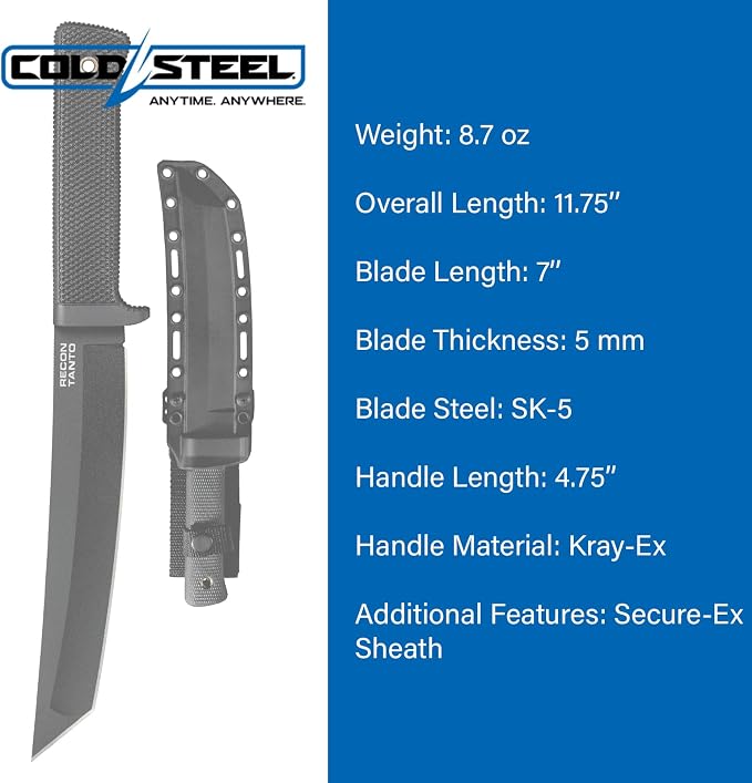 COLD STEEL Recon Tanto 7" SK-5 Razor-Sharp Blade 4.75" Kray-Ex Handle Military Tactical Fixed Blade Knife w/Secure-Ex Sheath