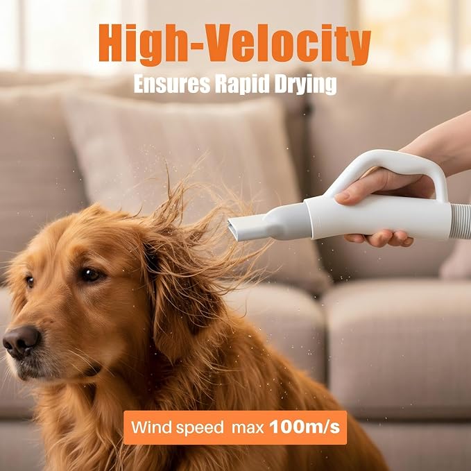 NEWBULIG Dog Hair Dryer, 1550W High Velocity Pet Blow Dryer with Heater for Grooming, Speed Temperature Adjustable Dog Blower Grooming with 4 Nozzles, White