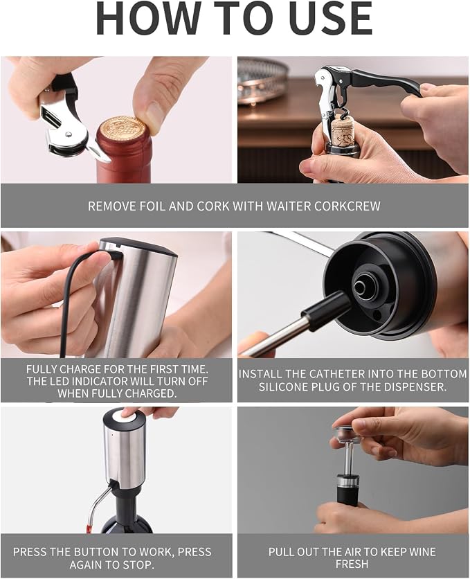 CIRCLE JOY Electric Wine Aerator Pourer Rechargeable One-touch Wine Decanter with Storage Base, Corkscrew and Vacuum Wine Stopper, White Elephant Gifts for Wine Lovers, Silver